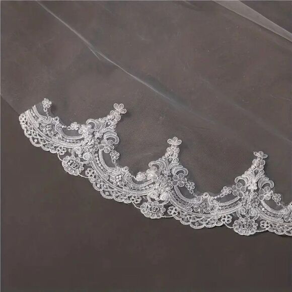 Cathedral Bridal Wedding Veil With Embroidered Floral Lace Edge and Comb